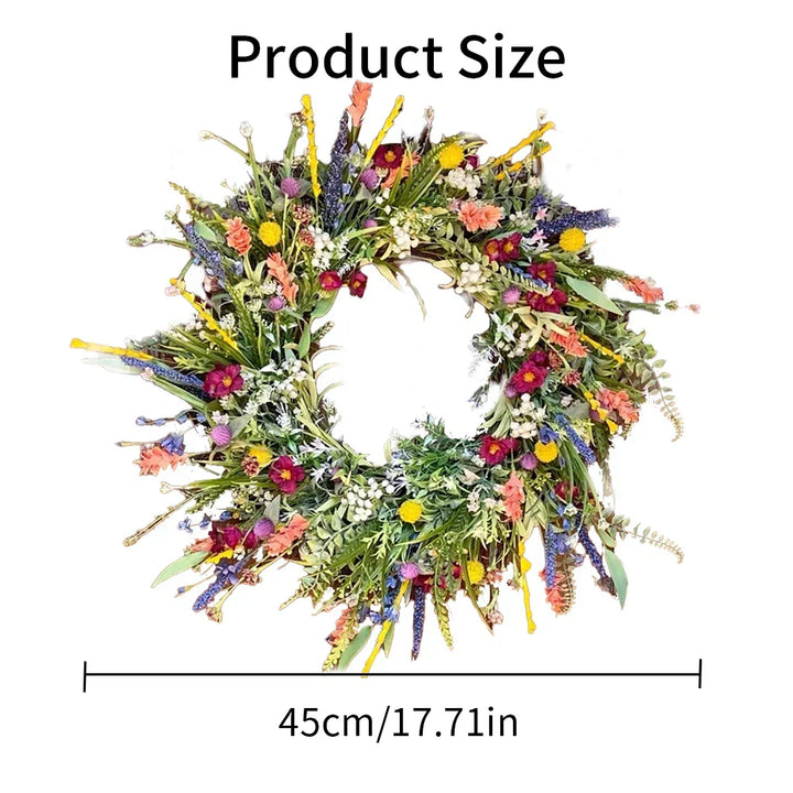 Zijaanzicht van de kleurrijke bloemenkrans, ideale muurdecoratie en deurdecoratie voor elk interieur.