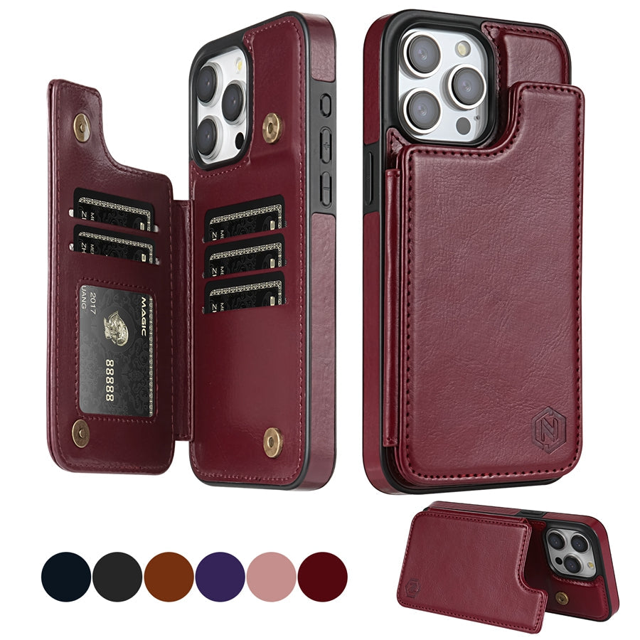 Unisex lederen telefoonhoes met geïntegreerde pasjeshouder, ideaal voor iPhone bescherming.