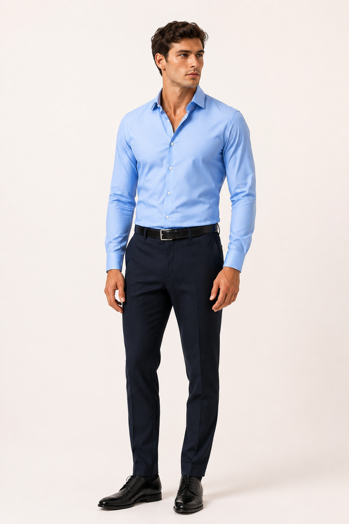 Model draagt een lichtblauw getailleerd herenoverhemd met lange mouwen en donkere broek