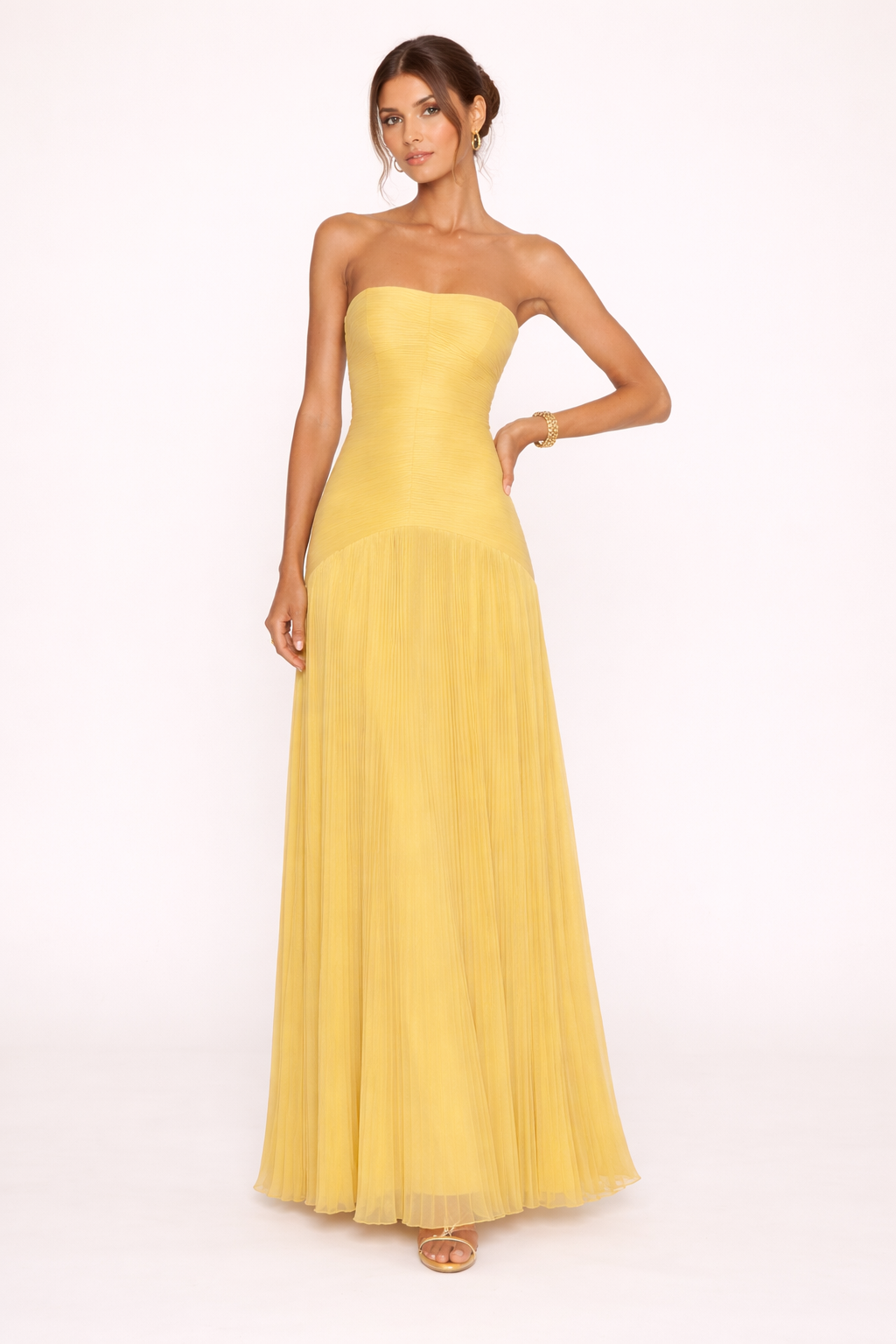 Chique groene geplooide dames zomerjurk, strapless maxi model, geschikt voor zowel feest als casual.