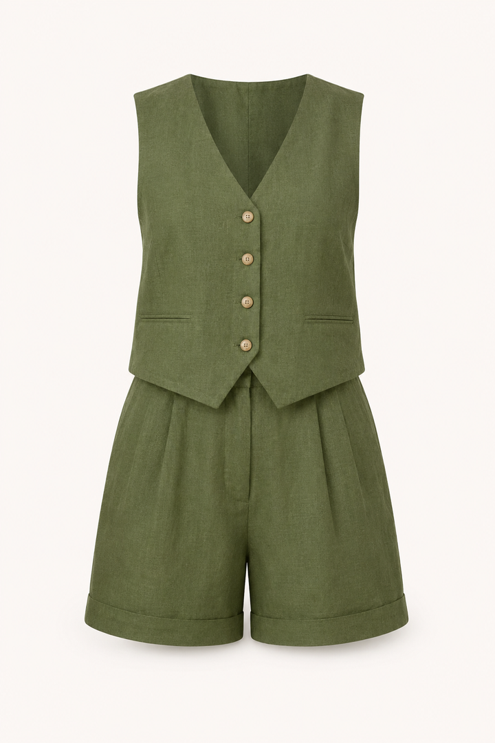 Chique groene tweedelige dames set: kort vestje met V-hals en high-waist short, perfect voor de zomer.