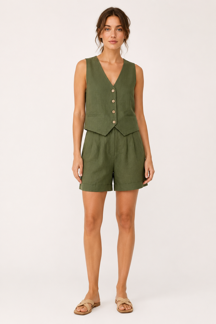 Trendy groene tweedelige dames zomeroutfit; een chique casual set met kort vest en high-waist short.