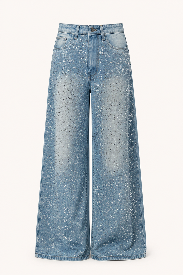 Lange dames broek van denim met wijde fit en strass versiering