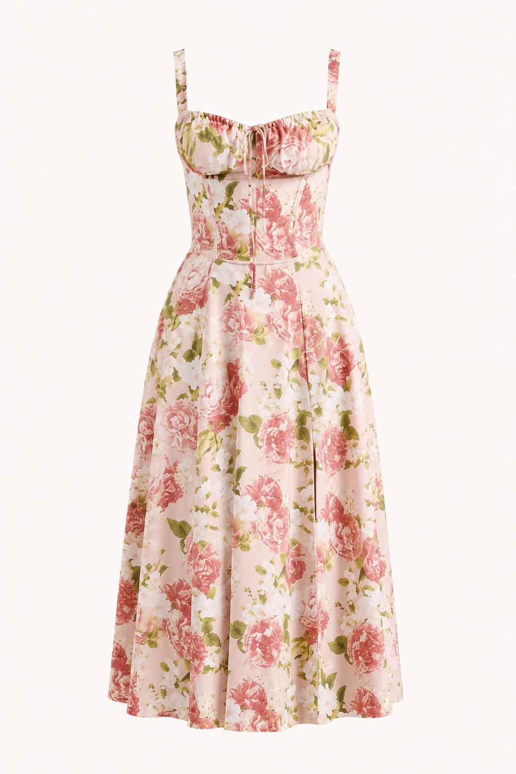 Close-up van de gebloemde midi-jurk in Rosa, met focus op de taille en zwierige rok.