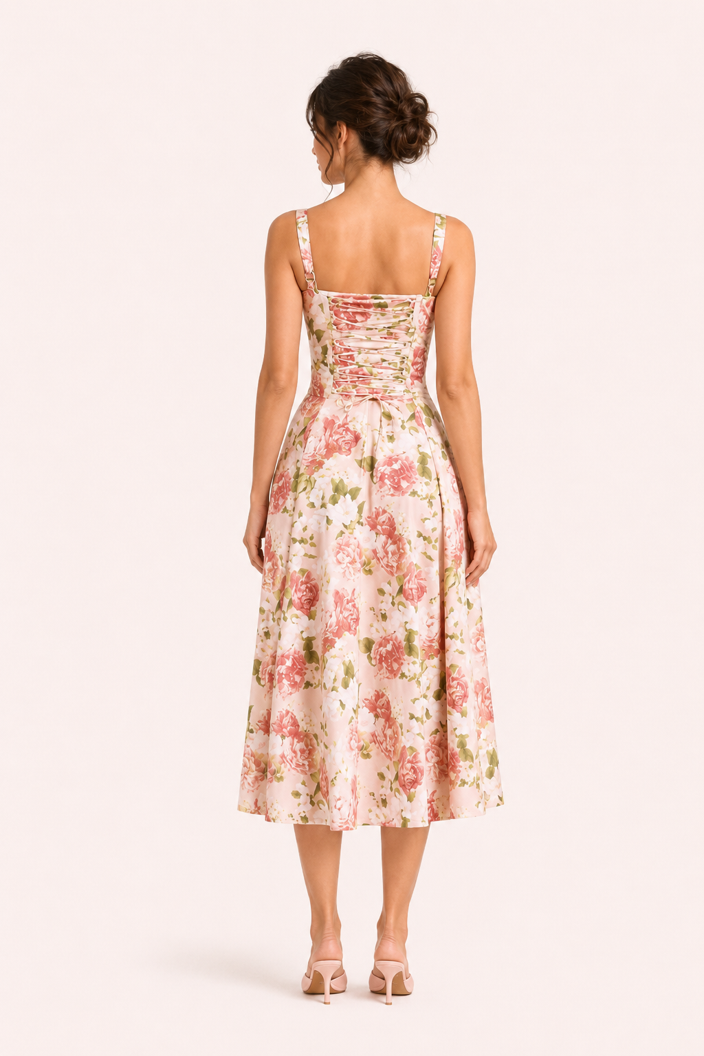 Achteraanzicht van de gebloemde midi-jurk voor dames in Rosa, met gedetailleerde gerimpelde rug.
