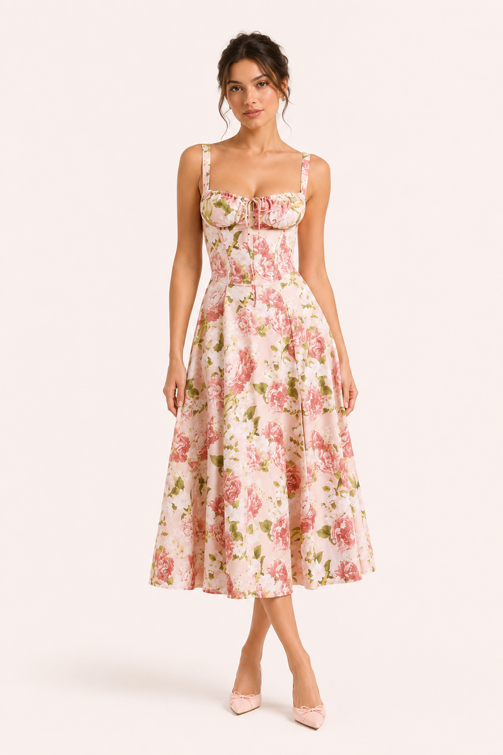 Dames gebloemde midi-jurk in Rosa met brede bandjes en strik aan de voorkant, gedragen door model.