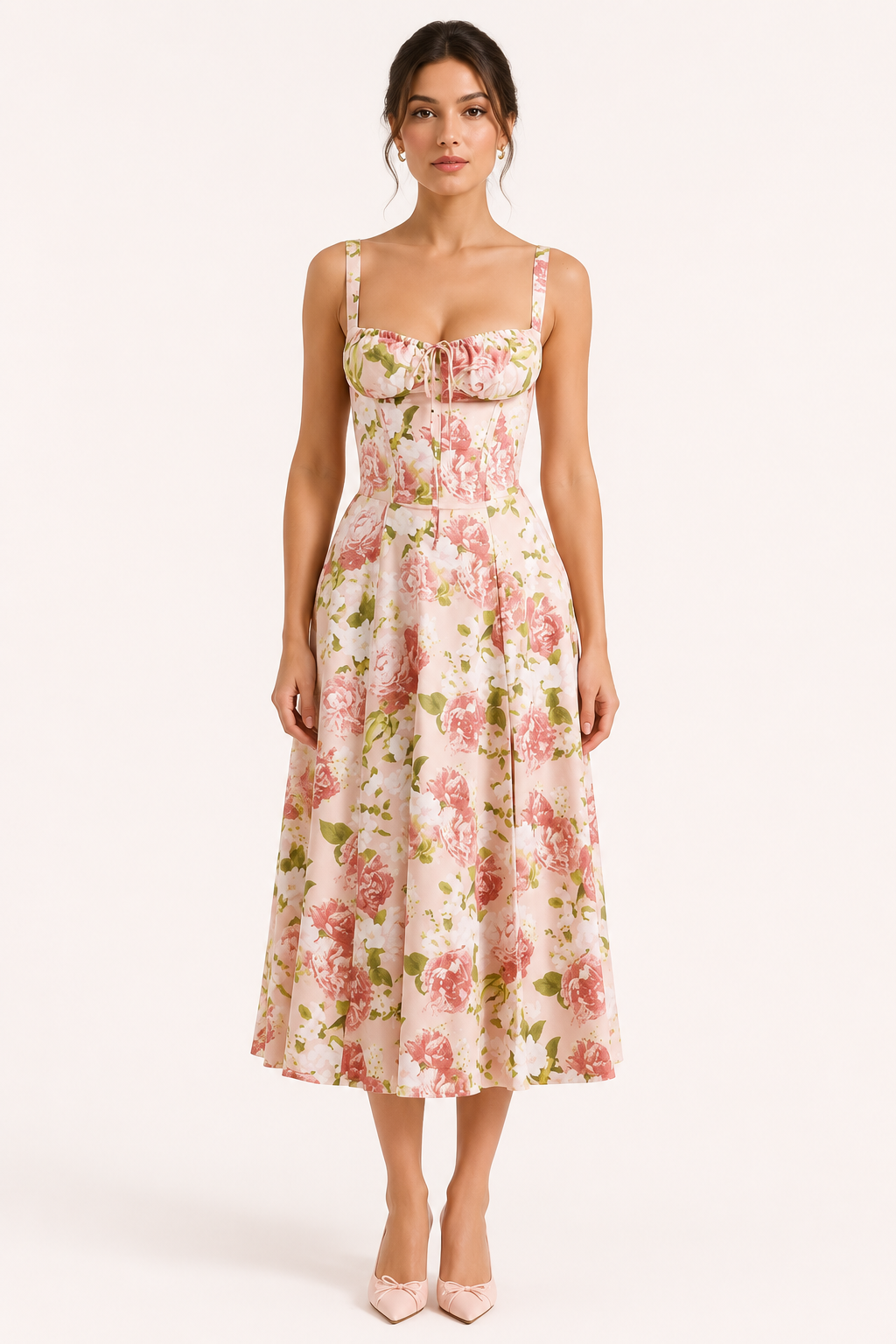 Elegantie van de Rosa gebloemde midi-jurk, ideaal voor zomerse evenementen en dagjes uit.
