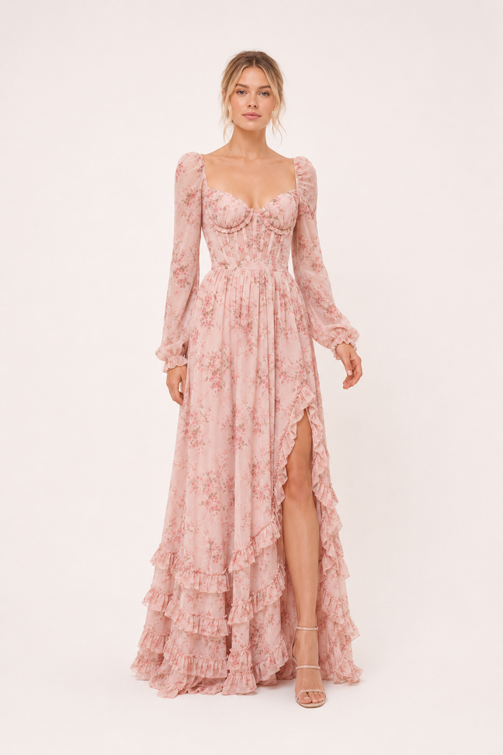 Vrouwelijke modelpose in bloemen maxi-jurk met lange mouwen en hoge split