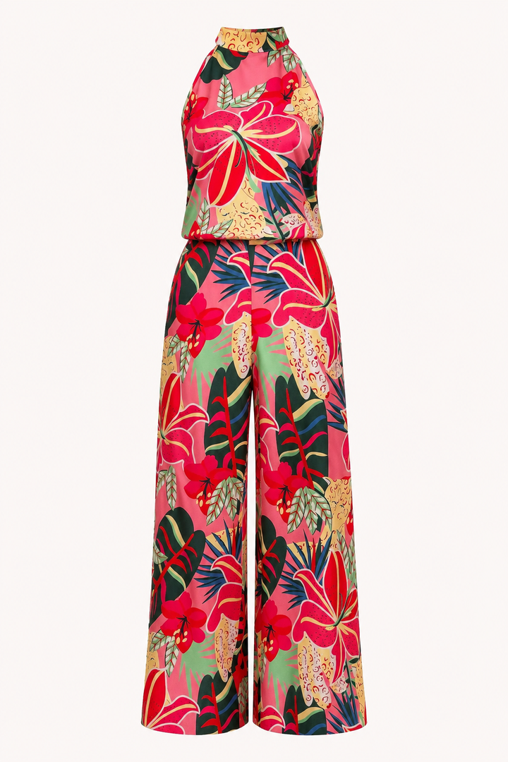 Rode tweedelige dames set met bloemenprint: een stijlvolle haltertop en comfortabele broek met wijde pijpen, casual chique.