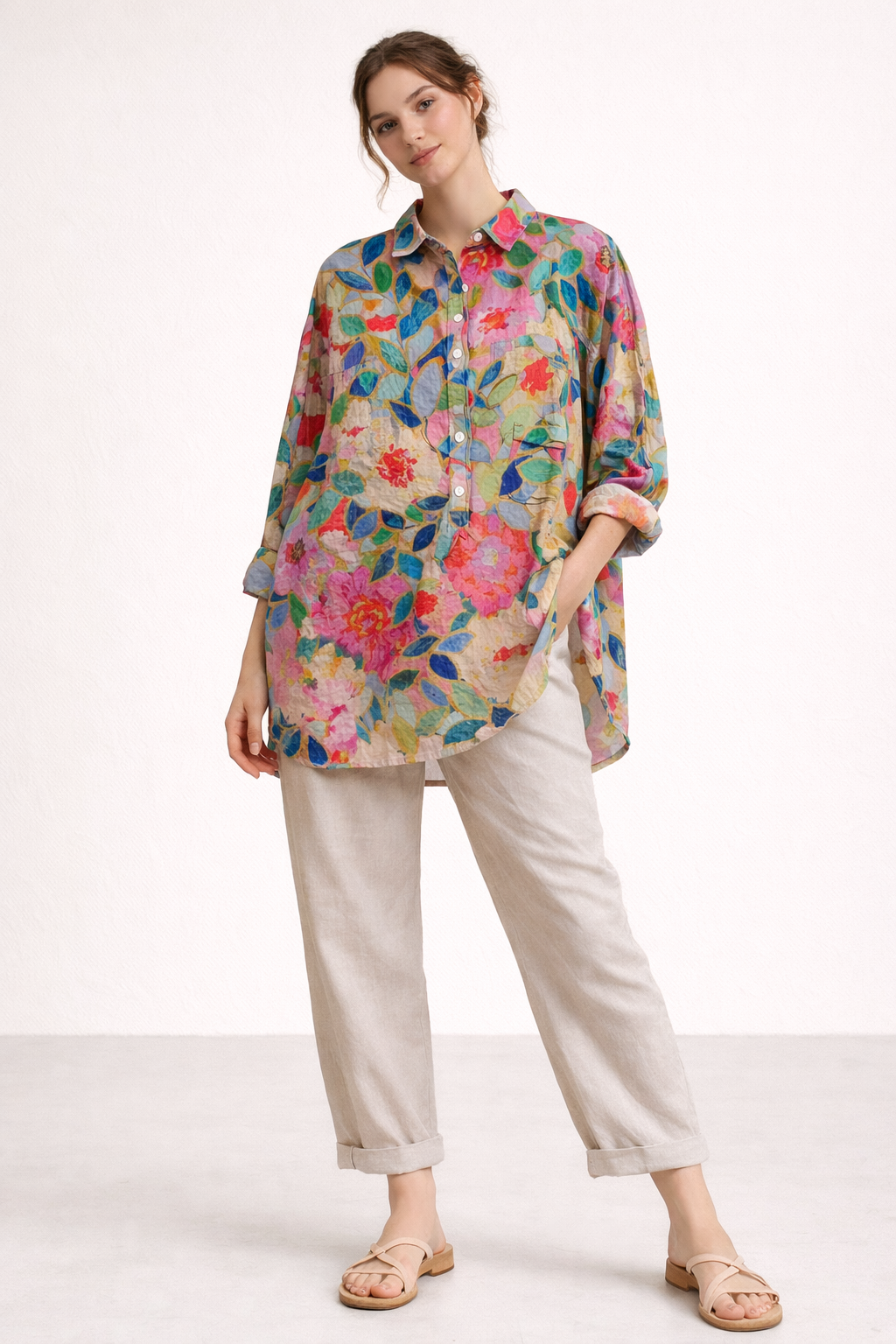 Detail van de knoopsluiting en klassieke kraag van de modieuze blouse met print.
