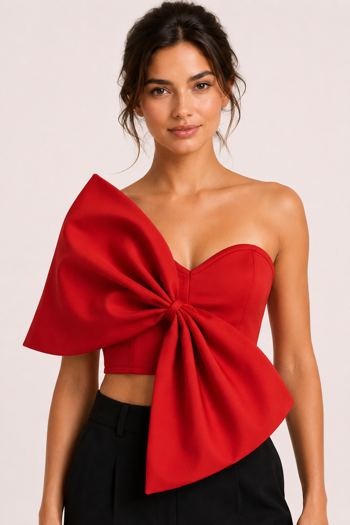 Detailopname van de rode strapless korte top met opvallende strik aan de voorkant