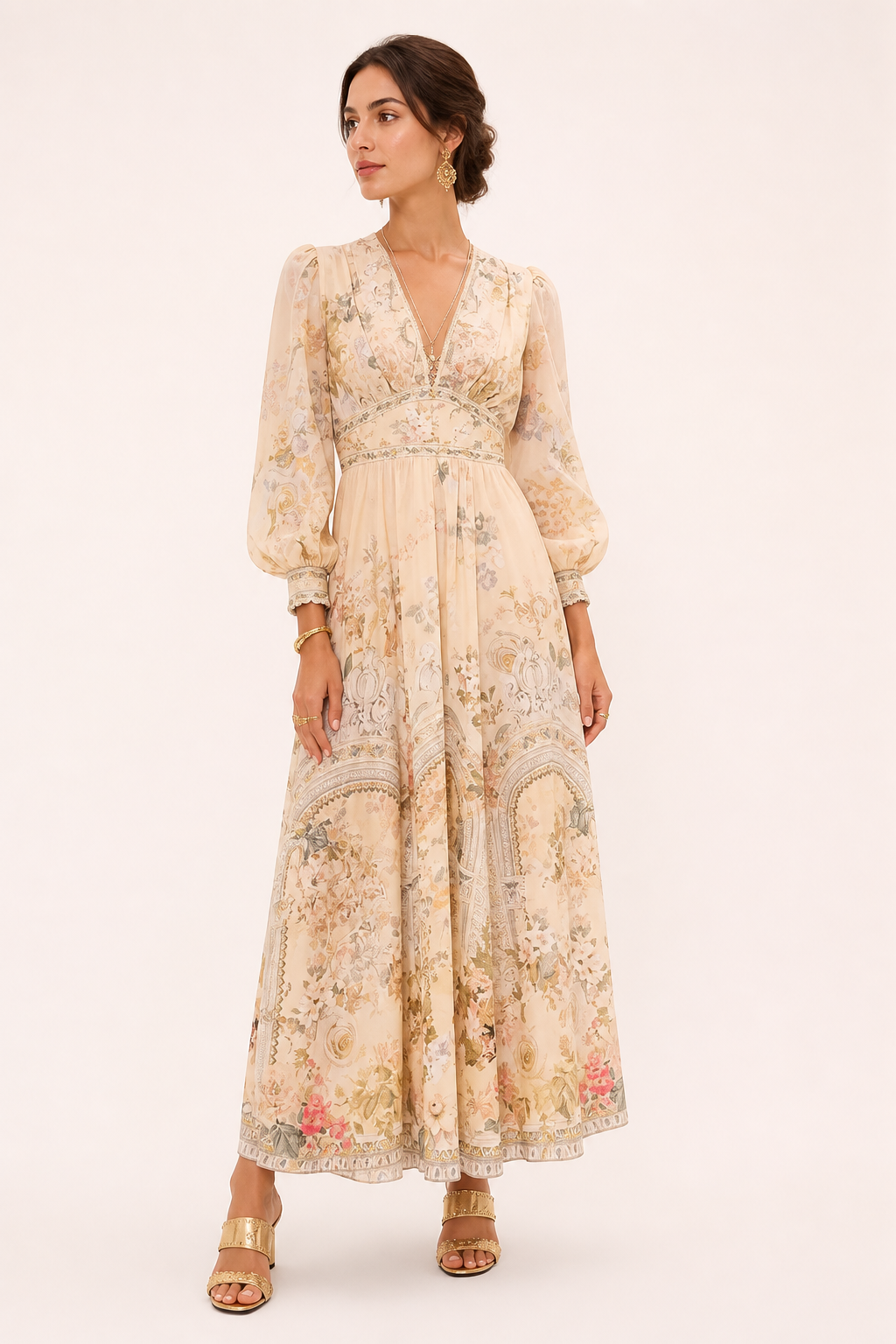 Elegante dames midijurk met V-hals en pofmouwen, perfect voor een stijlvolle look.