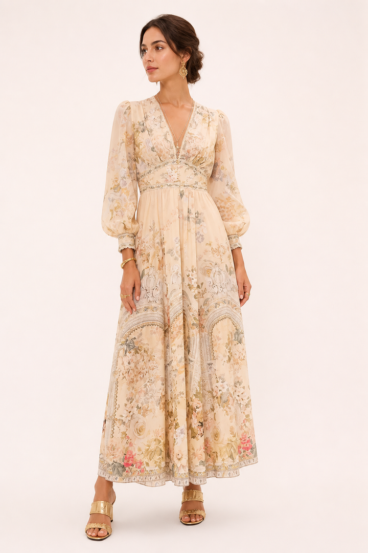 Elegante dames midijurk met V-hals en pofmouwen, perfect voor een stijlvolle look.