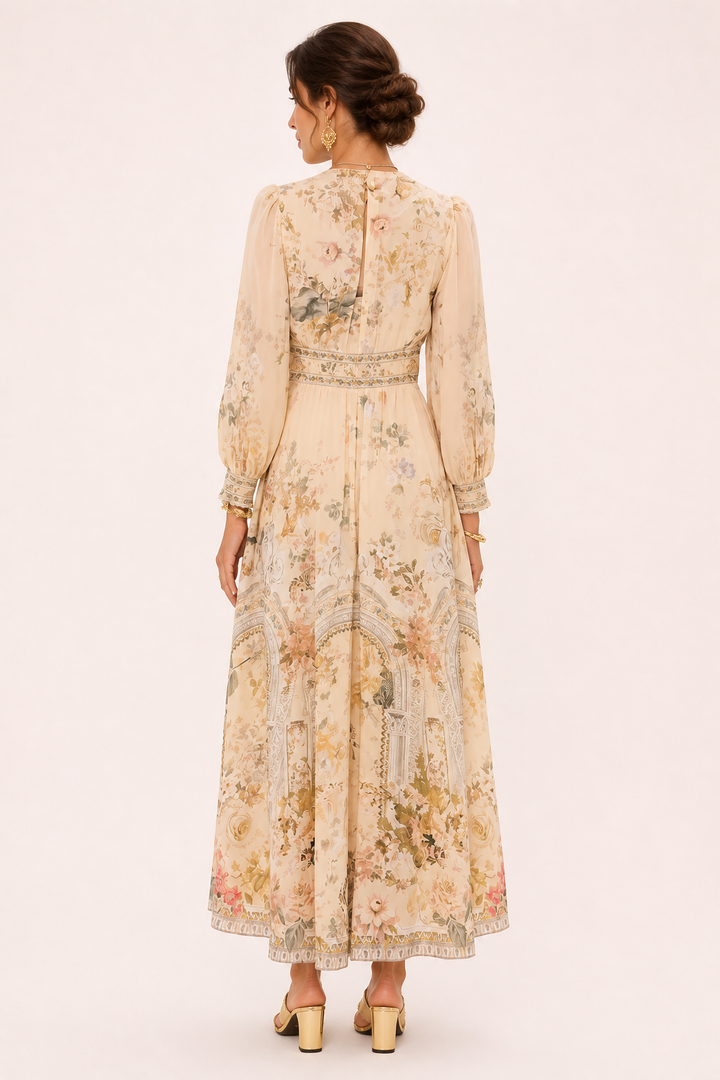 Stijlvolle dames midijurk, V-hals en pofmouwen. Ideaal voor casual chic en zomerse dagen.