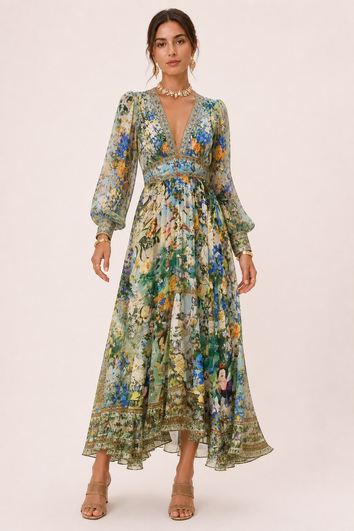 Feestelijke zomerjurk voor dames: elegante midijurk met V-hals en modieuze pofmouwen.