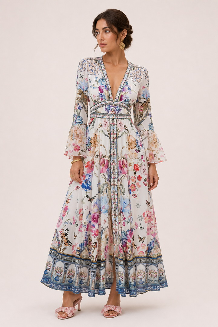 Comfortabele midijurk voor dames, voorzien van elegante V-hals en opvallende pofmouwen.