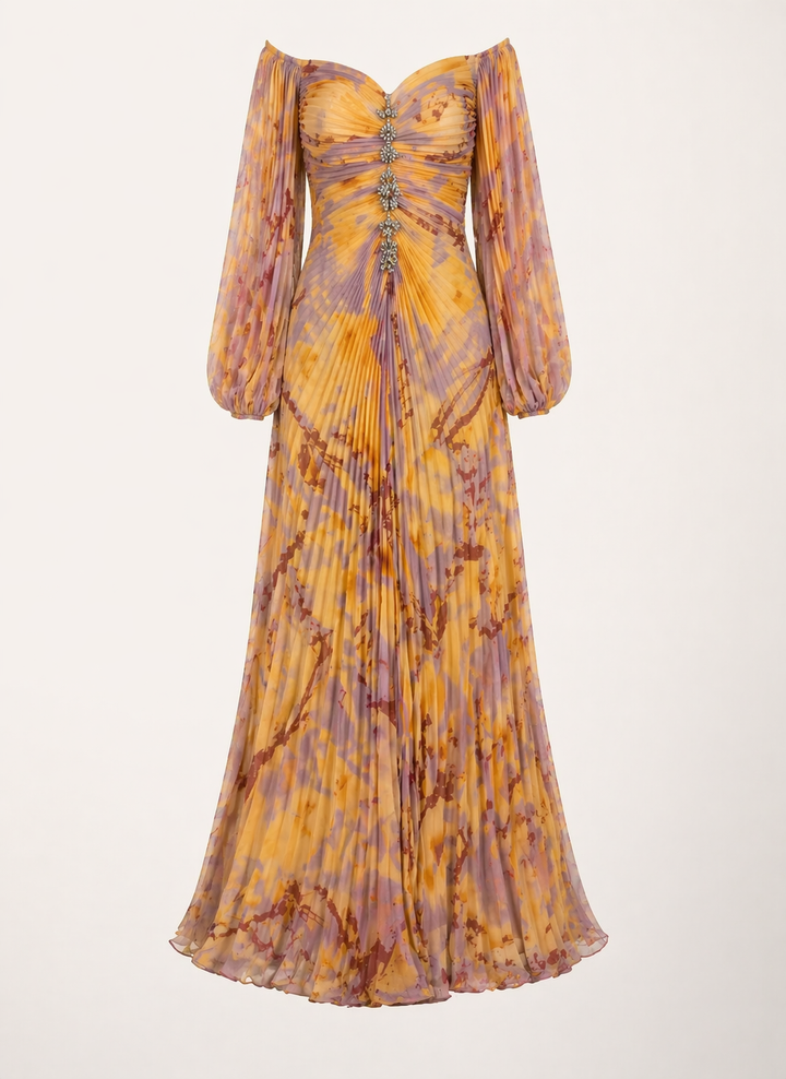 Off-shoulder oranje maxi jurk met geplooide bodice en sensuele hoge split. Glamoureuze feest- en avondkleding.