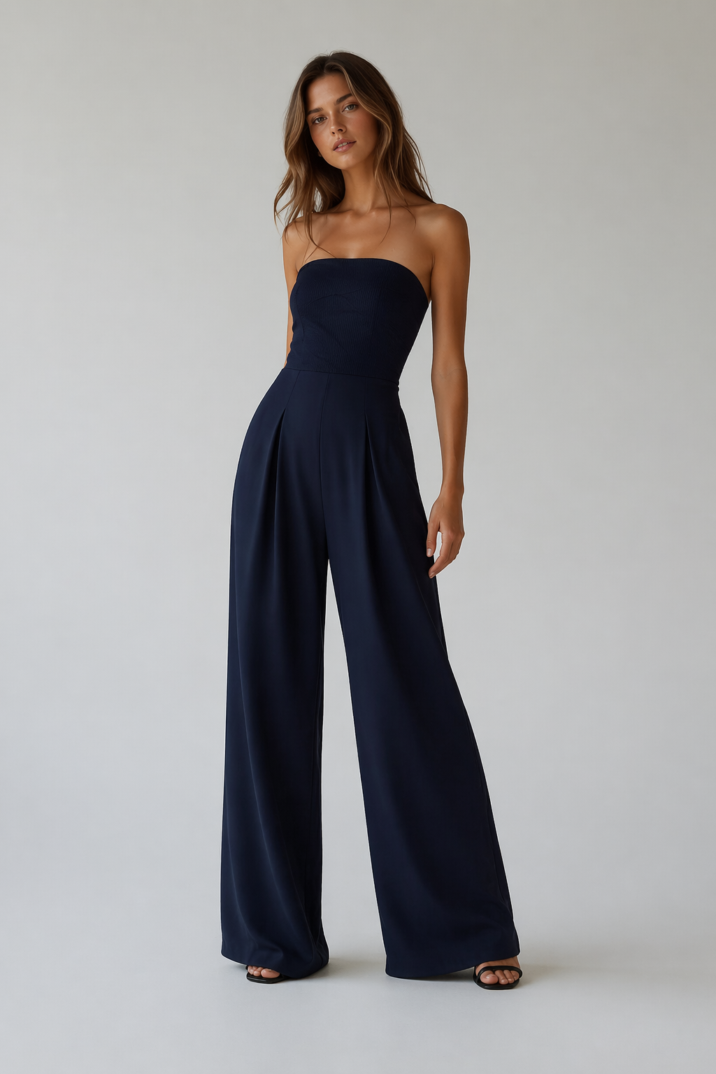 Comfortabele en modieuze beige strapless dames jumpsuit met wijde pijpen, geschikt voor zomerkleding.