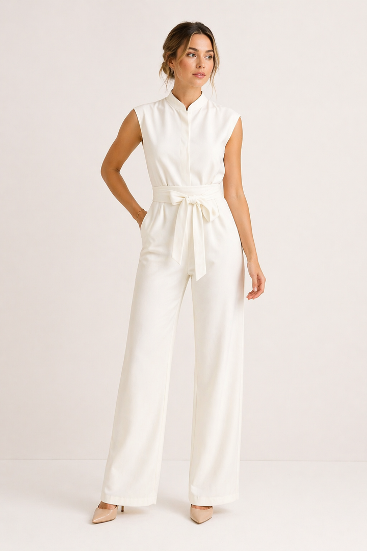 Veelzijdige dames jumpsuit met brede pijpen, geschikt voor zowel een feest als een zakelijke outfit.