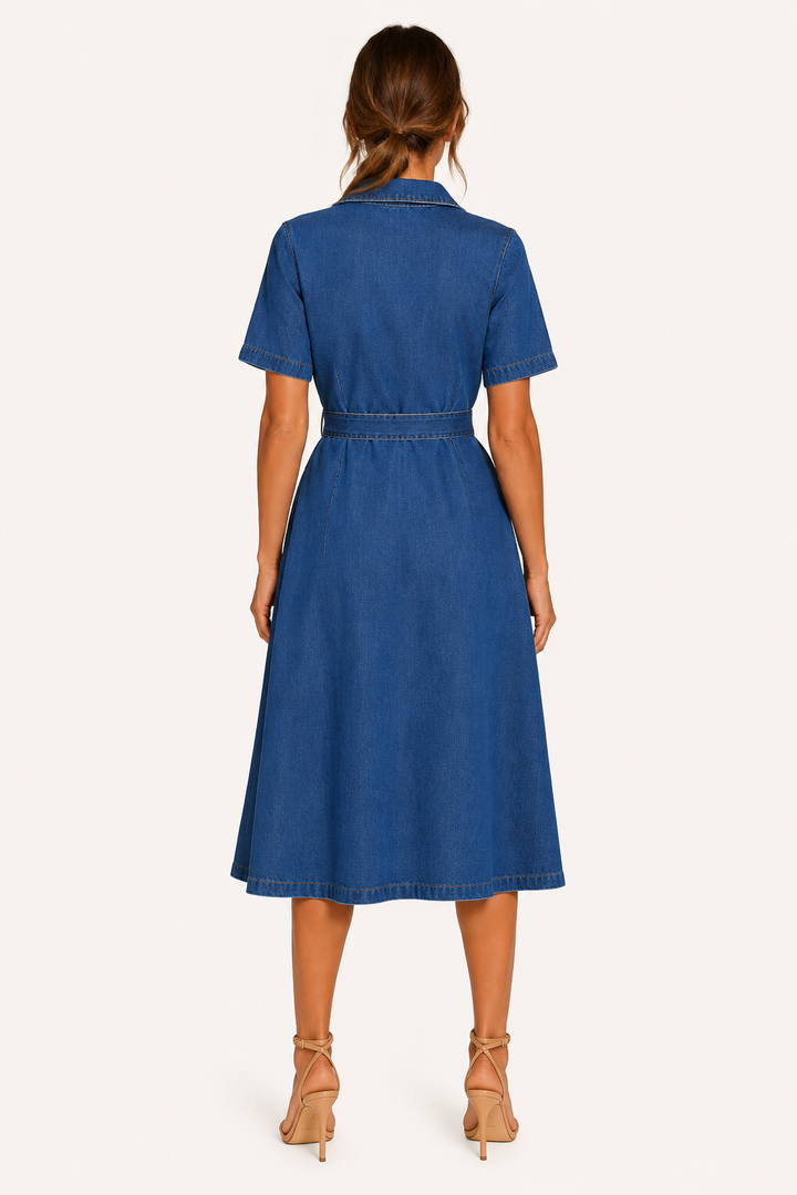Achterkant van de blauwe dames midi jurk met nette pasvorm en halflange rok