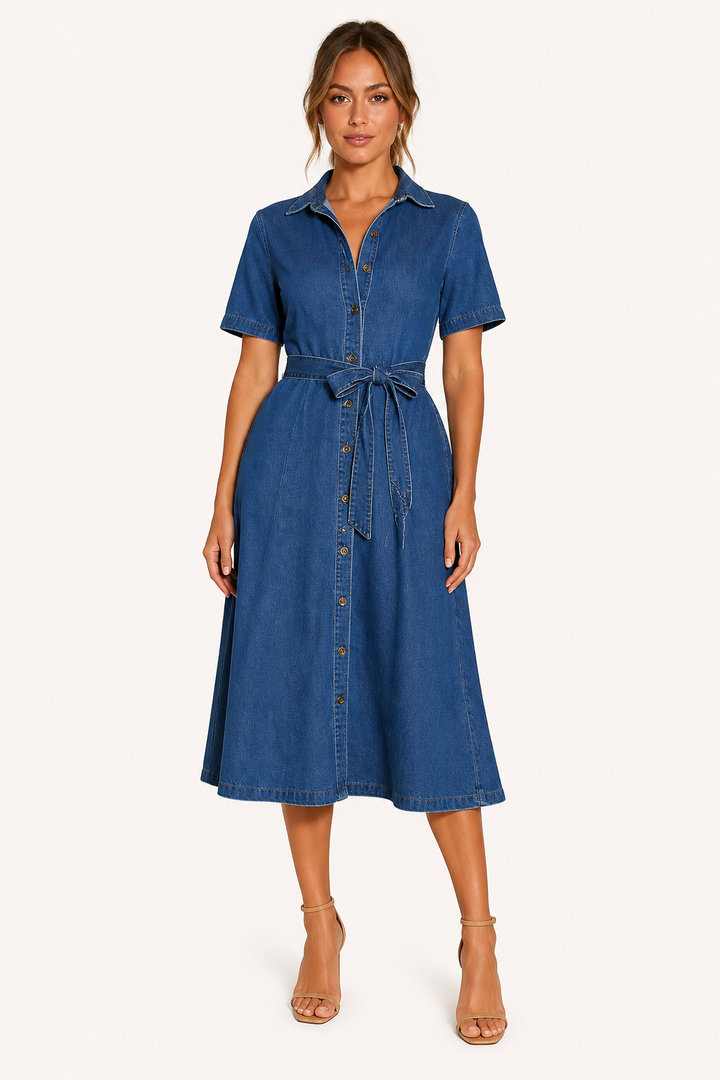 Dames midi jurk in blauw met korte mouwen en strikband aan de voorkant, volledige voorzijde