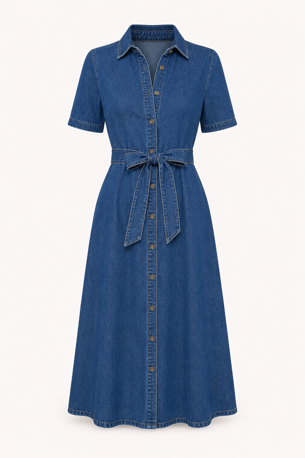 Blauwe dames midi jurk met knoopsluiting en korte mouw van dichtbij