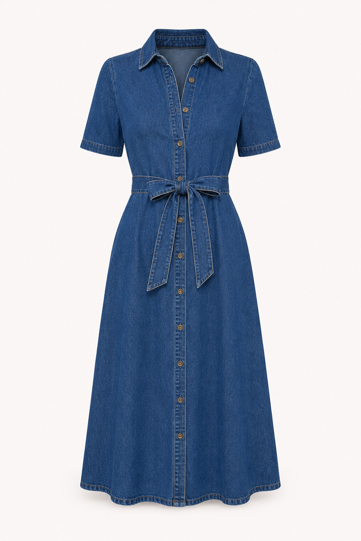 Blauwe dames midi jurk met knoopsluiting en korte mouw van dichtbij