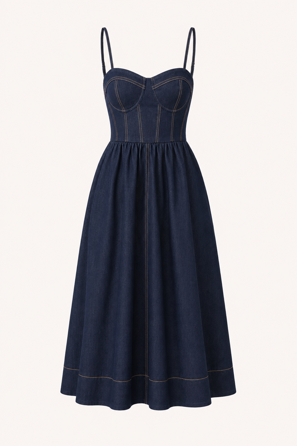 Productfotografie van de marineblauwe dames midi denim jurk met uitlopende rok op neutrale achtergrond