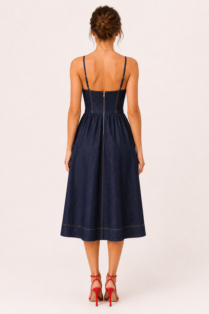 Achterkant van de elegante dames midi denim jurk met ritssluiting en smalle bandjes