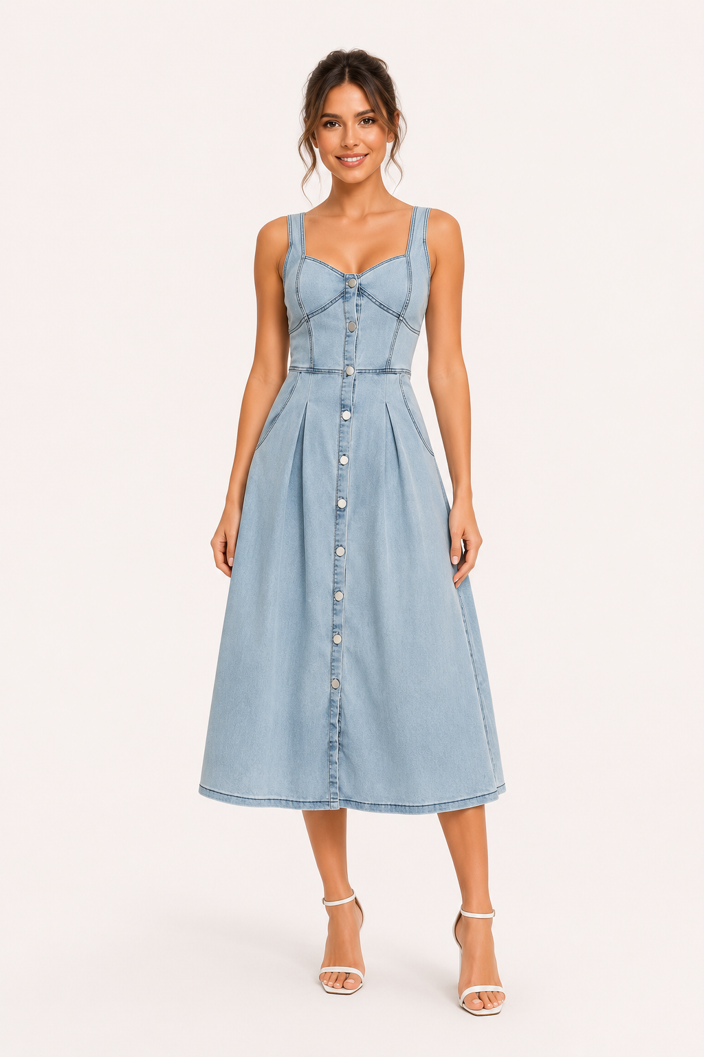 Lichtblauwe dames midi-jurk met brede banden en knoopsluiting, perfect voor zomerse dagen.