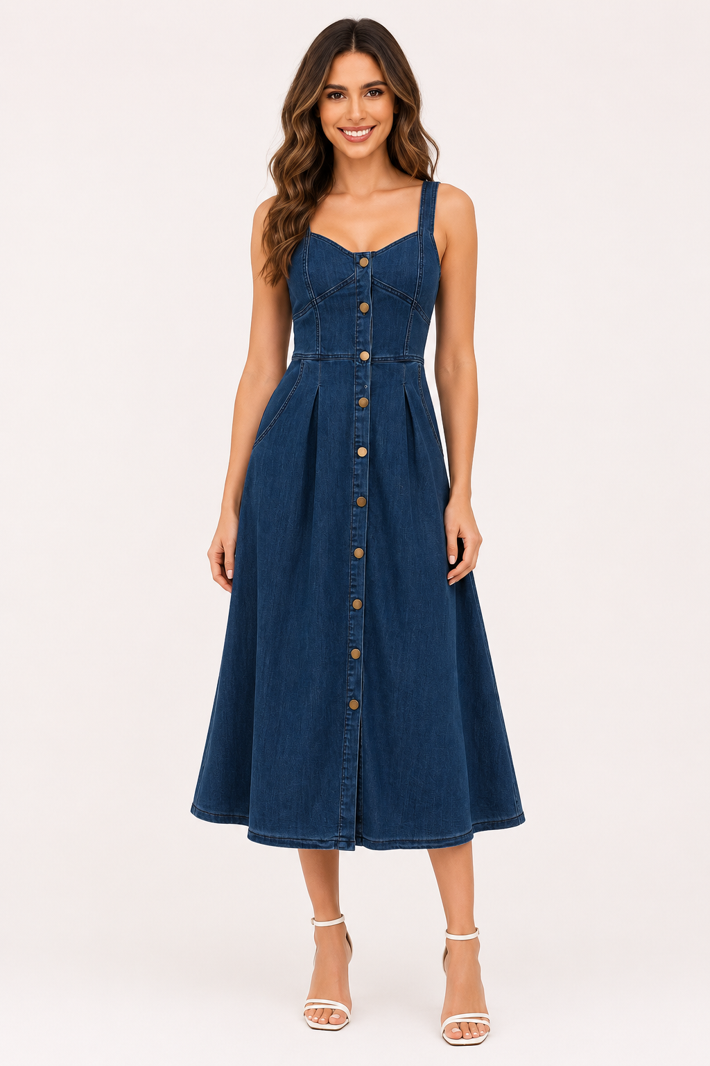 Dames midi jurk met brede banden, volledige knoopsluiting en elegante pasvorm in blauwe tint. Perfecte zomerjurk.