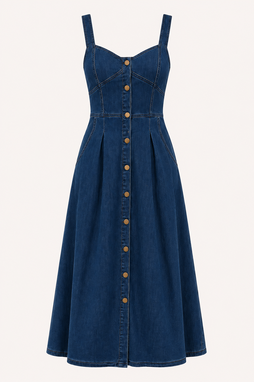 Blauwe dames midi-jurk met brede banden, knoopsluiting en comfortabele pasvorm. Ideaal als dagjurk.