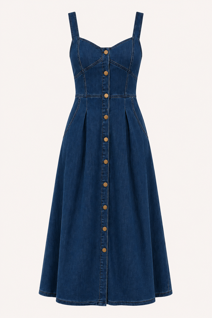 Blauwe dames midi-jurk met brede banden, knoopsluiting en comfortabele pasvorm. Ideaal als dagjurk.