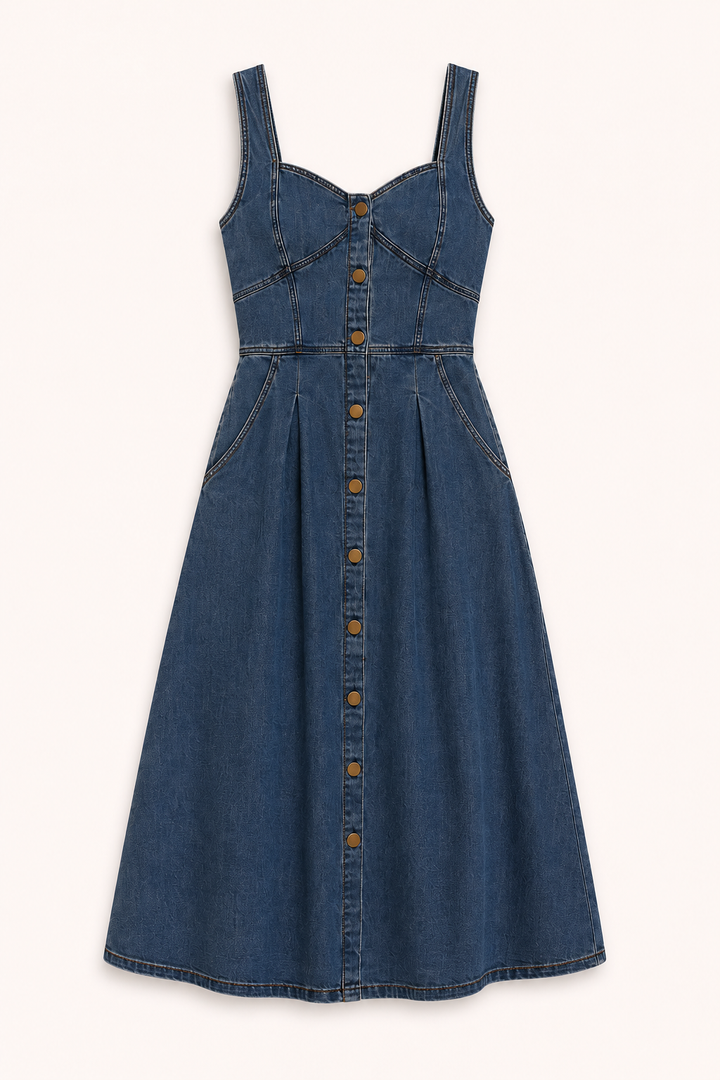 Luchtige blauwe midi zomerjurk voor dames met brede banden en knoopsluiting, ideaal voor warme dagen.