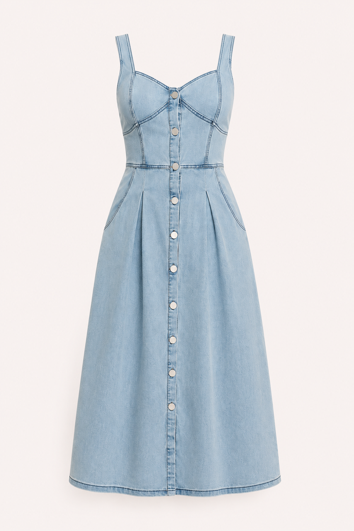 Casual blauwe dagjurk voor dames, comfortabele midi lengte met brede banden en praktische knoopsluiting.