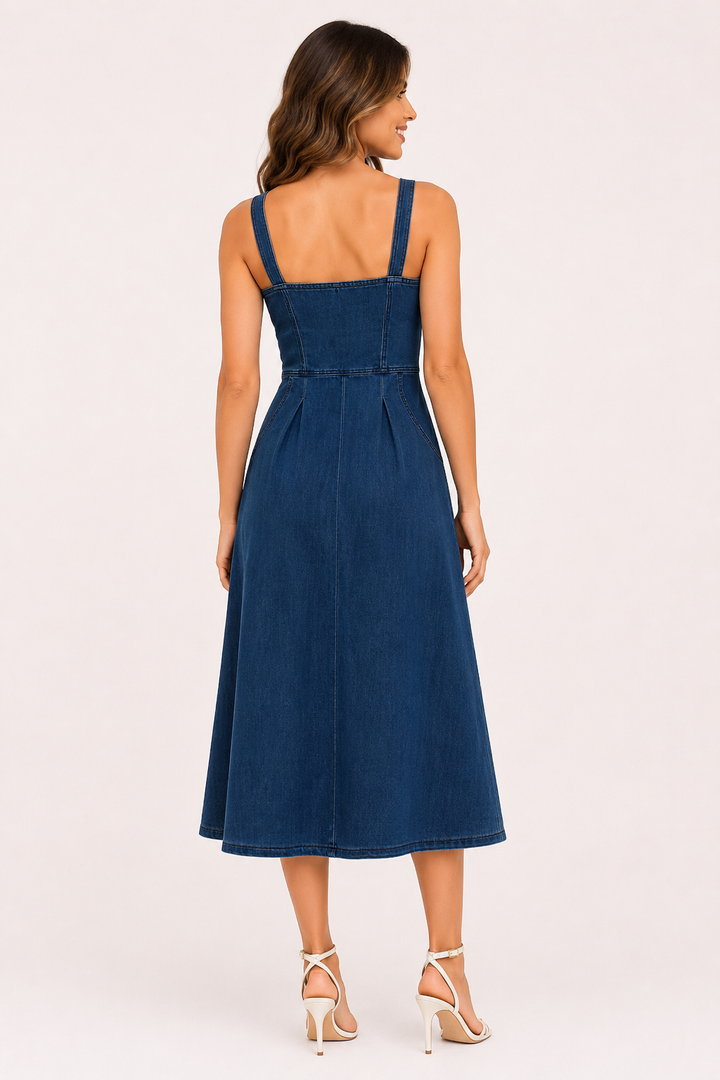 Vrouwelijke blauwe midi jurk met brede banden en knoopsluiting. Casual of elegante zomerjurk voor dames.