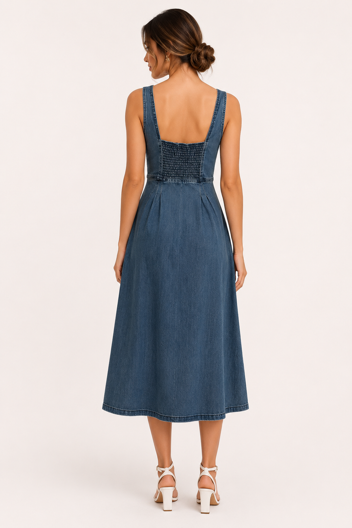 Marineblauwe dames midi-jurk met brede banden en knoopsluiting, een tijdloze keuze voor de zomer.