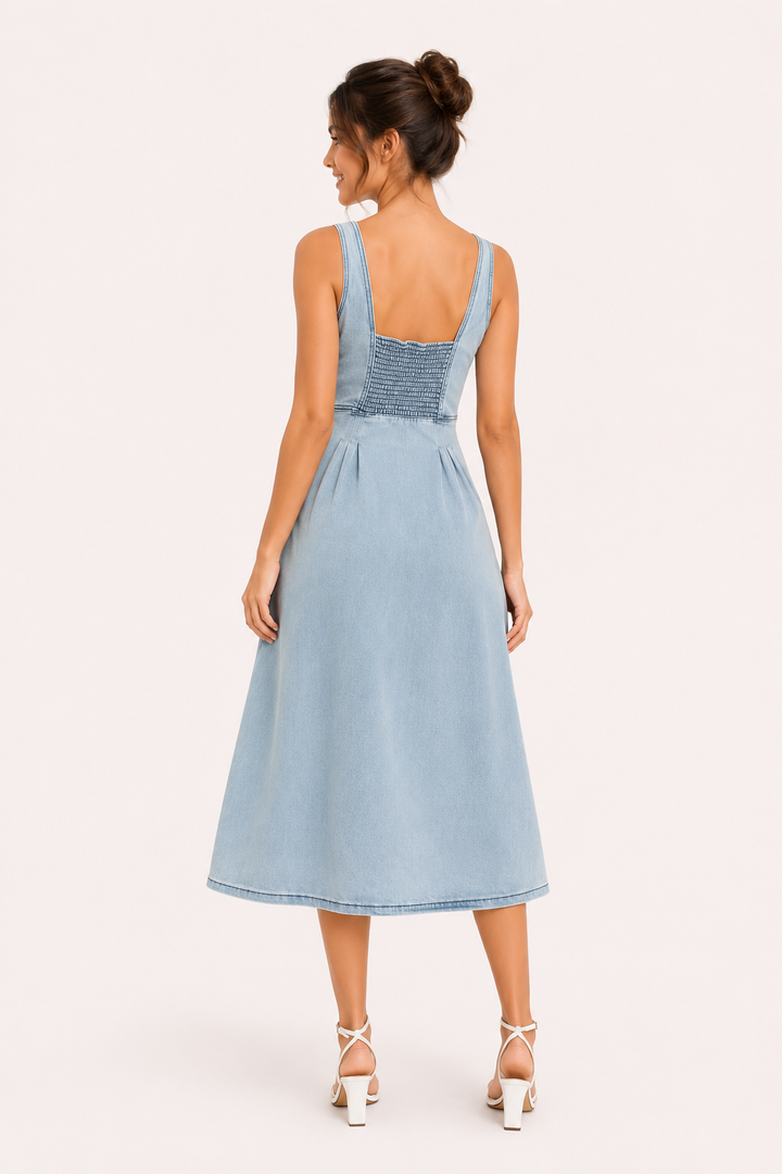 Elegante blauwe midi jurk voor dames, met vrouwelijke snit, brede banden en stijlvolle knoopsluiting.