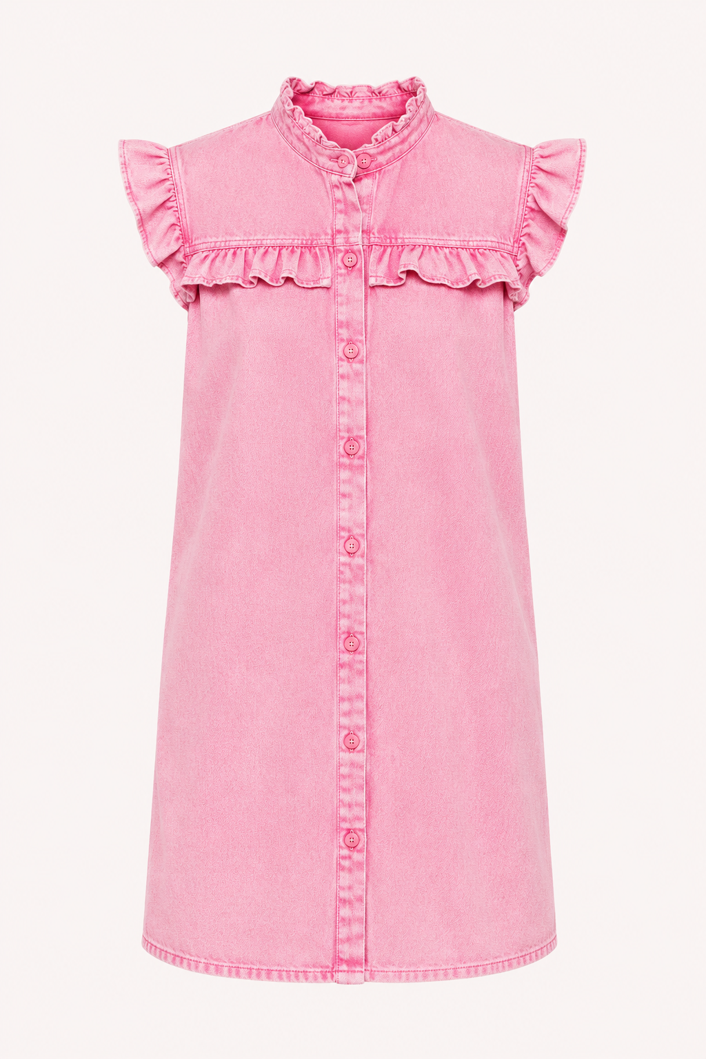 Comfortabel kort dames jurkje in zacht roze met ruches aan de mouwen en een knoopsluiting, ideaal voor de zomer.
