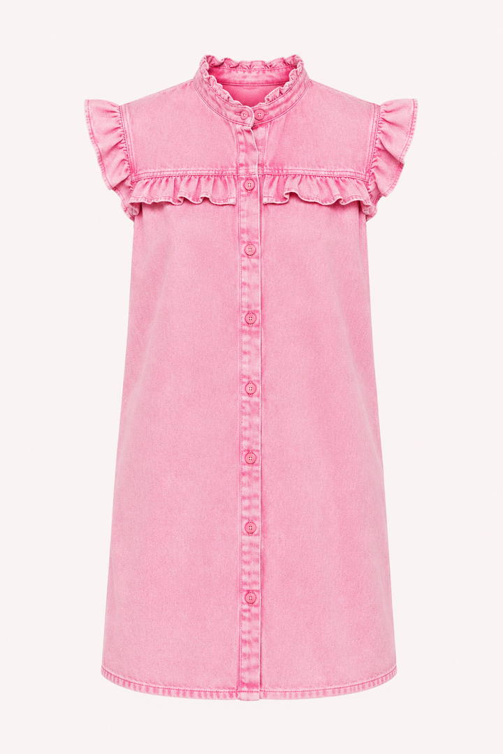 Comfortabel kort dames jurkje in zacht roze met ruches aan de mouwen en een knoopsluiting, ideaal voor de zomer.