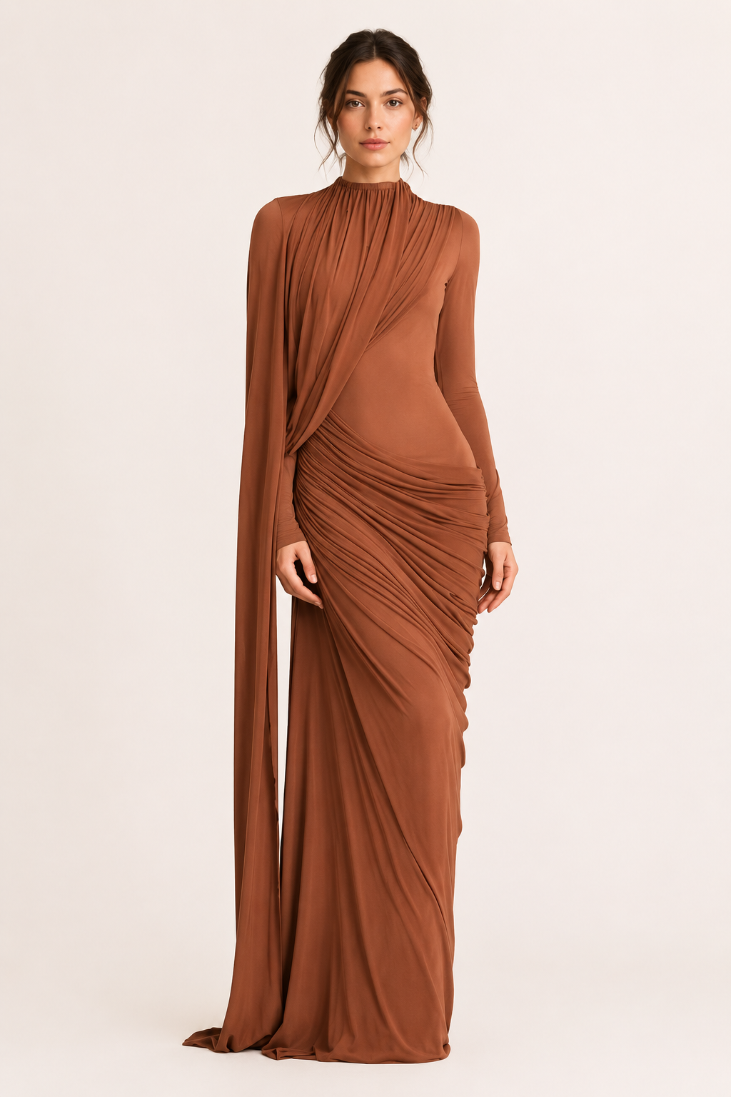 Chique feestjurk voor dames met lange mouwen, verkrijgbaar in diverse elegante kleuren zoals koffie.