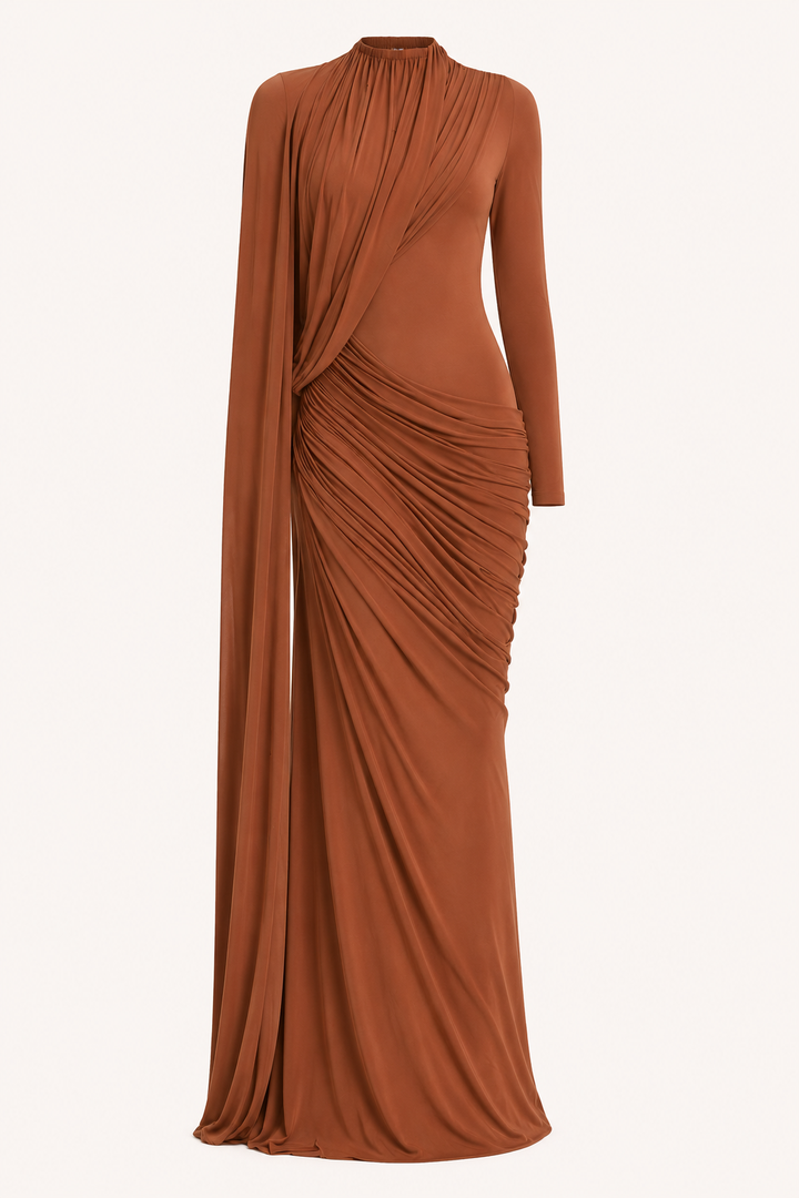 Elegante damesjurk in koffiekleur met lange mouwen, perfect voor avond- en feestjes. Comfortabel stof.