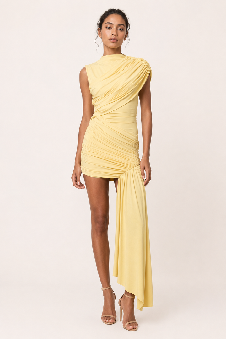 Wijnrode elegante korte jurk. Off-shoulder design en gedrapeerde details maken deze dames avondjurk stijlvol.