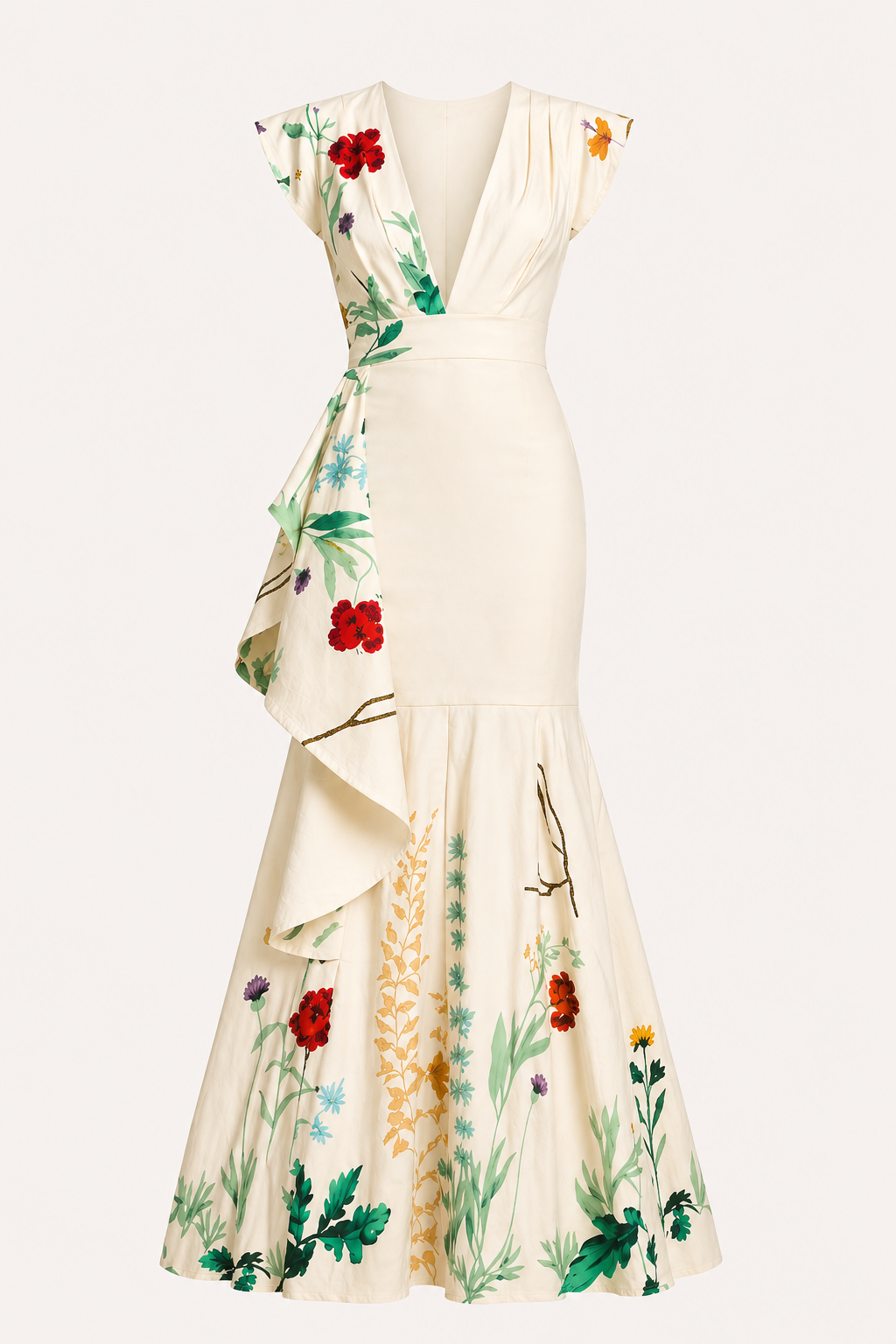Modieuze lange bloemenjurk in beige, met flatterende V-hals en zwierige wijde rok. Perfecte elegante jurk voor dames.