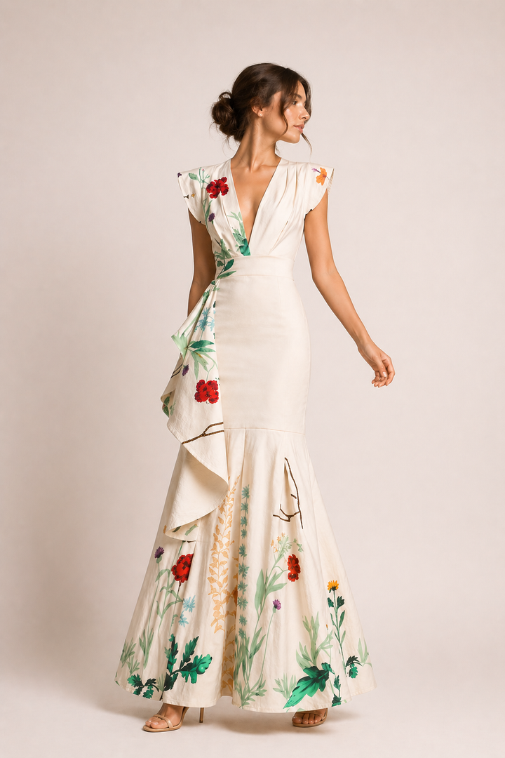 Prachtige beige bloemenjurk voor dames met diepe V-hals en wijde rok. Ideaal als chique zomerjurk of voor het voorjaar.