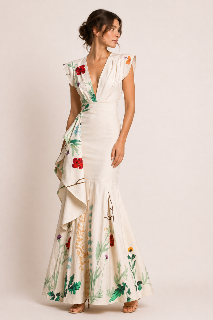 Beige lange dames bloemenjurk met V-hals en wijde rok, elegant voor zomerfeesten, bruiloftsgasten en voorjaar.