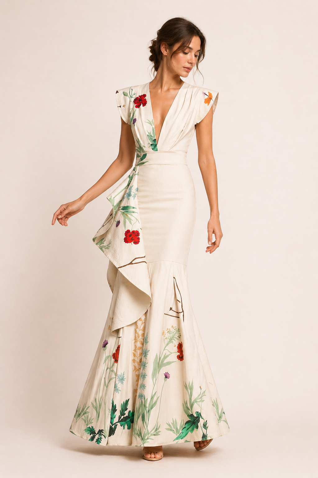 Elegante beige maxi jurk met V-hals en bloemenprint. Een stijlvolle dames avondjurk of feestjurk met wijde rok.