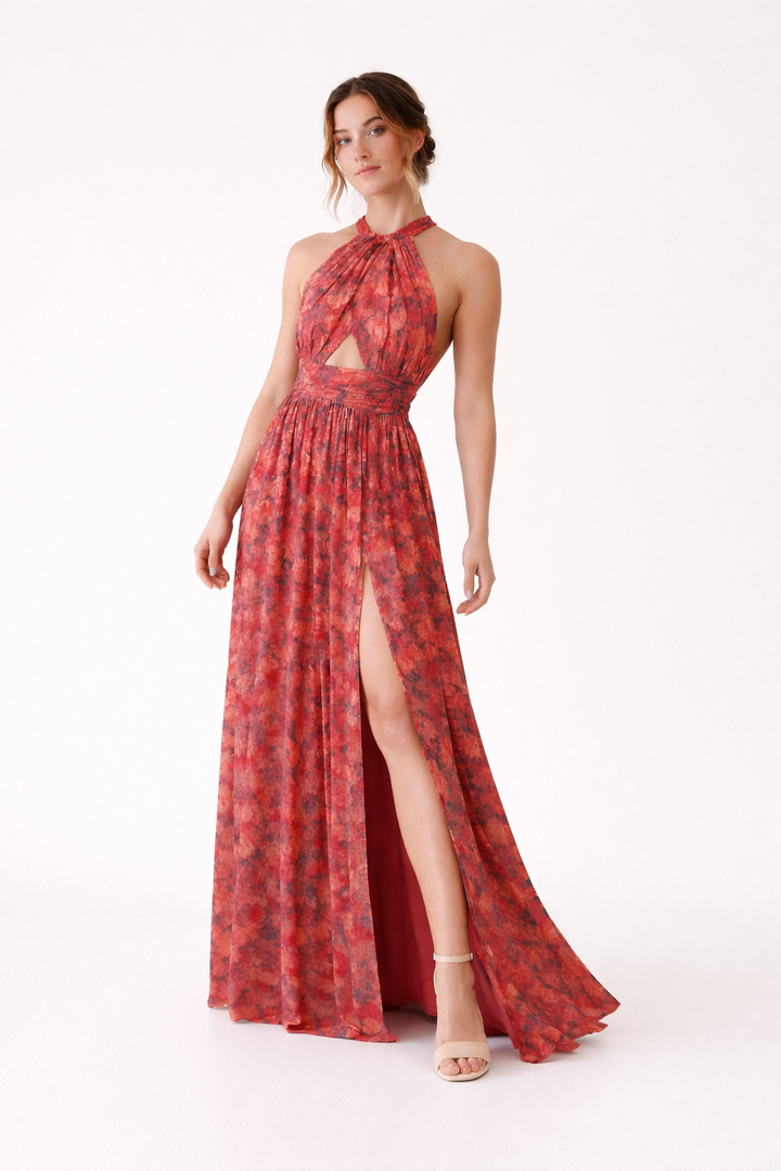 Model draagt de rode dames halterjurk met split en bloemenprint aan de voorkant