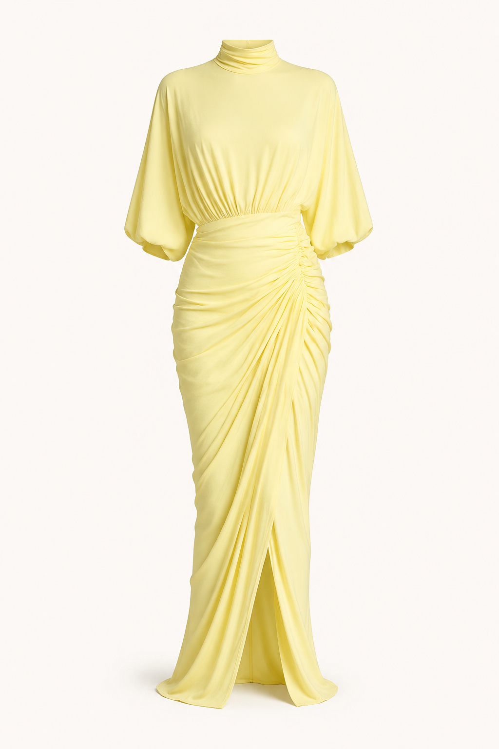Vrouwenkleding: vloeiende gele avondjurk met elegante ruches en hoge kraag voor formele events.
