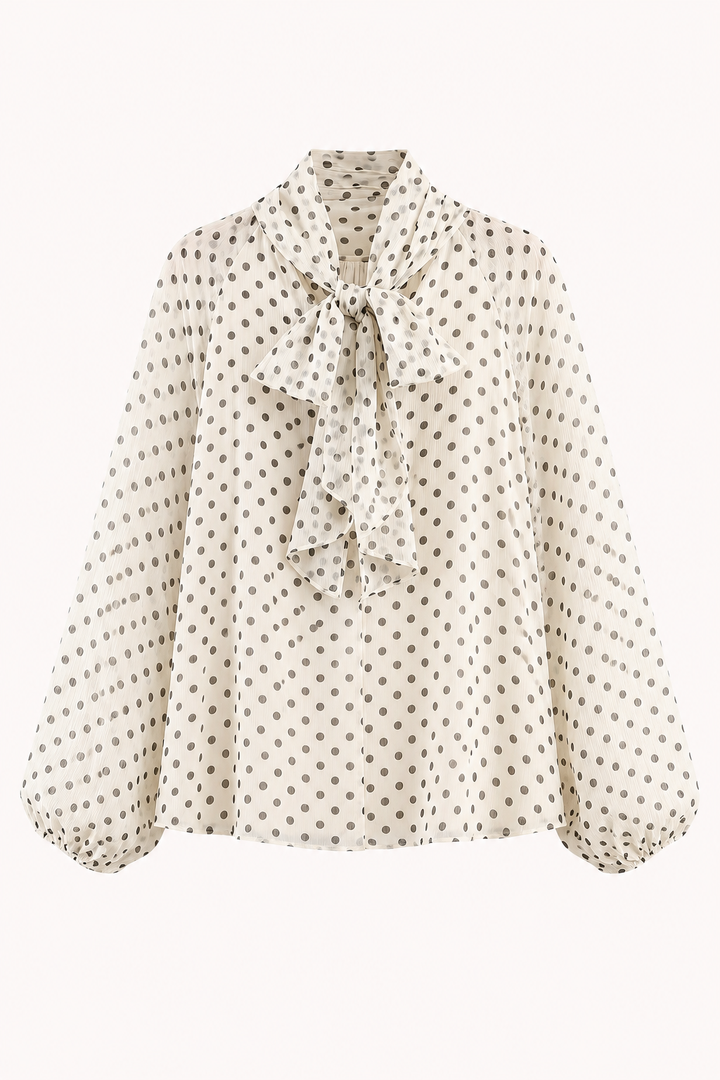 Bruine dames stippen blouse met elegante strikkraag en lange mouwen